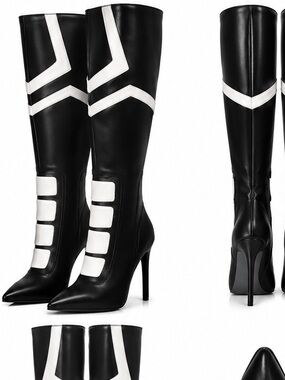 AKIRA Black and White Over-the-Knee Stiletto Boots Rider Moto